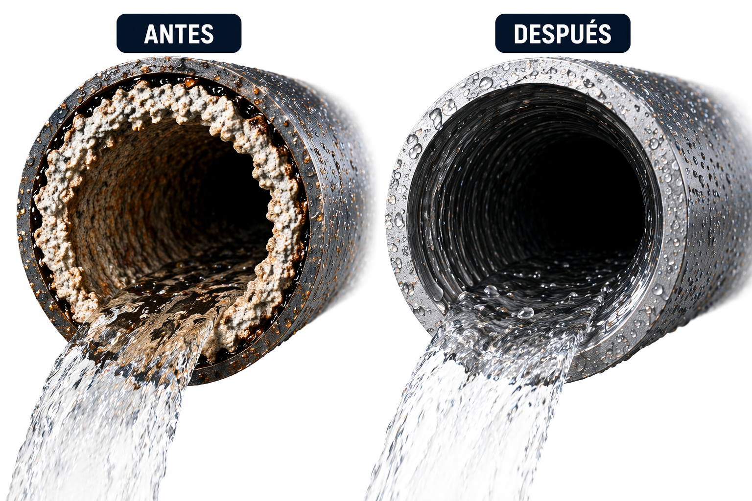 Comparativa antes y después de la desincrustación de tuberías