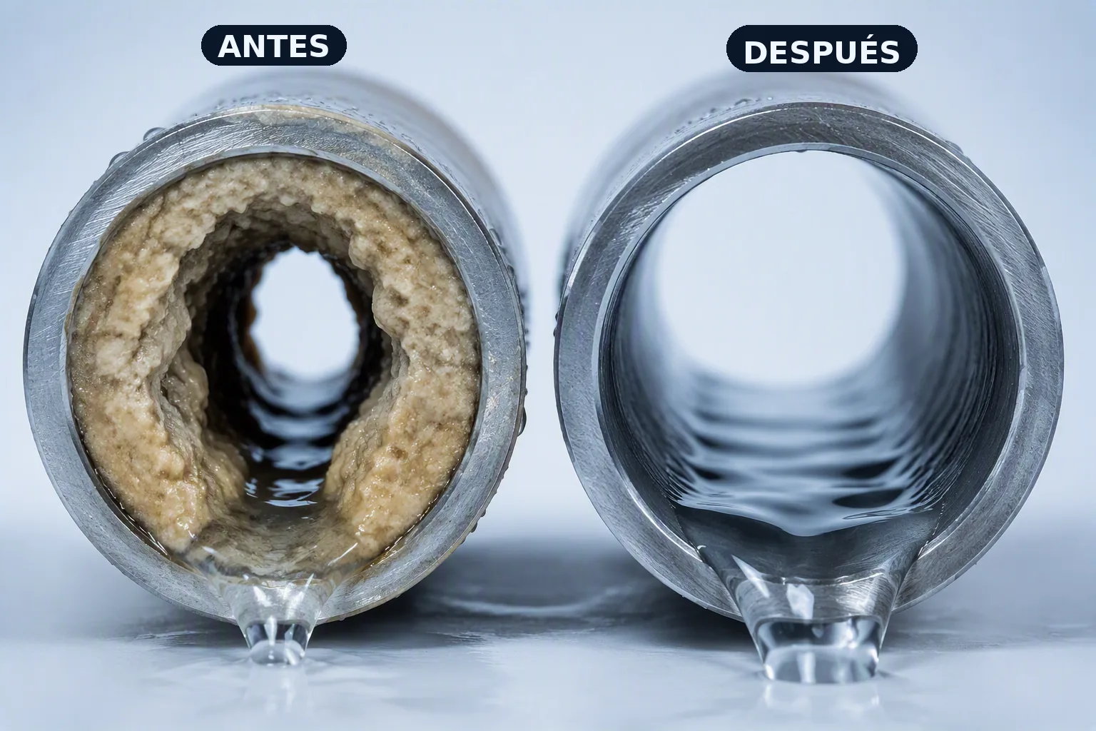 Comparativa antes y después de la desincrustación de tuberías en una vivienda de Mallorca